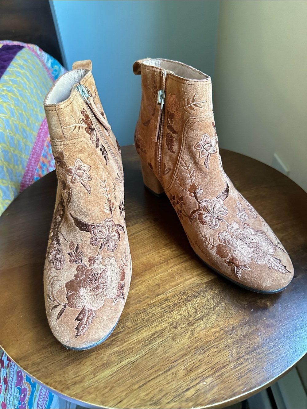 Johnny Was Taline Embroidered Suede Heeled Booties Tan Brown Size 7 Boho